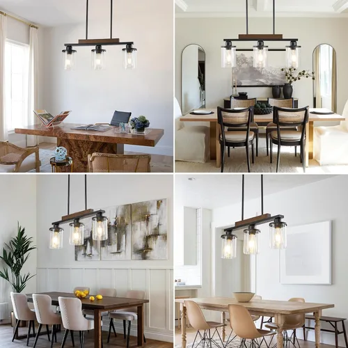 Vista 7 de Lámpara de comedor,Lámpara de cocina de 3 luces para iluminación de granja, iluminación colgante industrial de madera de metal negro mate,Luces