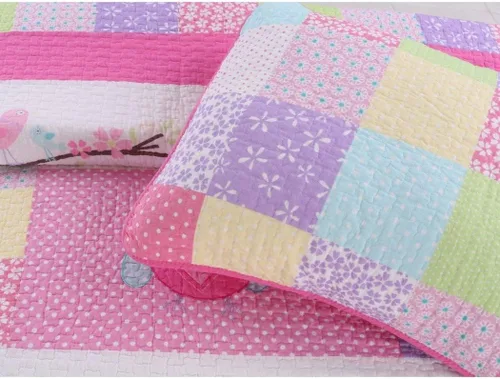 Vista 2 de Juego de edredón y funda de almohada de algodón para niña, 2 piezas, diseño de búho, pájaros, rosa, turquesa, verde, algodón