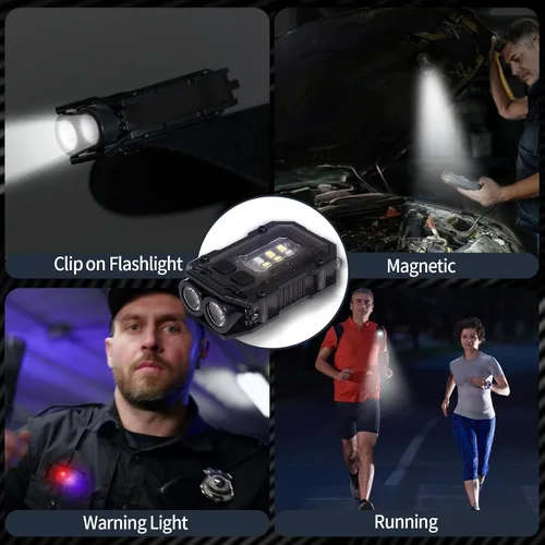 Vista 5 de KunHe Paquete de 4 linternas recargables EDC de 280 lúmenes, 8 modos, mini llavero con clip en la linterna USB-C magnética COB luz lateral llavero