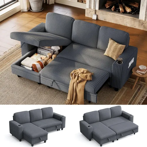 Vista 11 de LINSY HOME - Sofá seccional con cama extraíble y sofá cama deslizable, sofá convertible de pana mullida tipo nube con chaise de almacenamiento