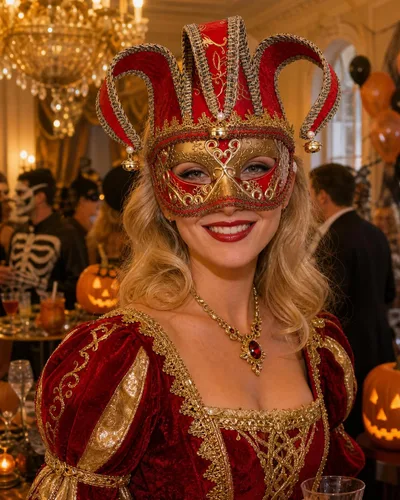 Vista 2 de Zinniday Máscara veneciana de bufón para mascarada, máscaras de comedia Oro y rojo