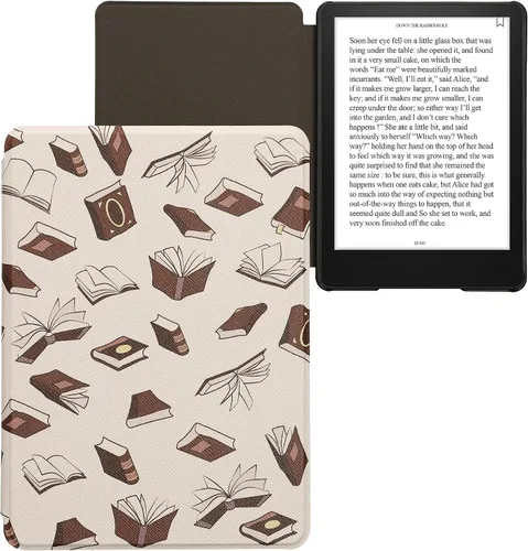 Vista 8 de kwmobile Funda compatible con Amazon Kindle Paperwhite 11. Generación 2021 - Funda para lector electrónico - Libros y páginas Beige/Marrón/Dorado
