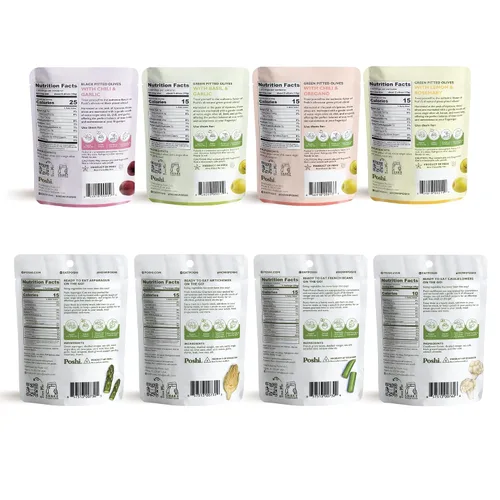 Vista 2 de Poshi Olives + Veggies Variedad de aceitunas enteras sin hueso de 4 sabores Poshi 4 sabores Vegano, Kosher, sin gluten + Snacks saludables