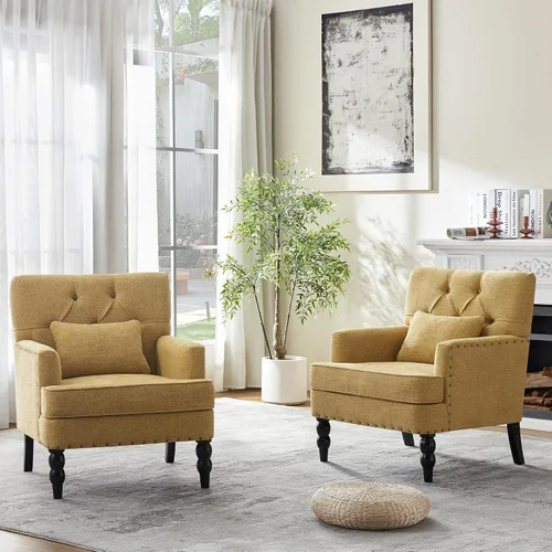Vista 14 de HUIMO Silla de Club Acolchada, Silla de Acento con Almohada Lumbar, Sillón Tapizado con Botones, Sillas de Sofá de Tela de Lino para Dormitorio