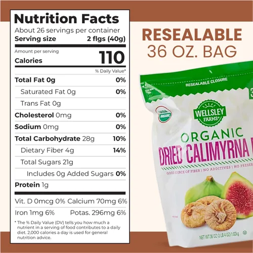 Vista 2 de Wellsley Farms Higos de calimirna secos orgánicos, bocadillos naturalmente dulces con alto contenido de fibra, higos secos sin azúcar añadido, sin