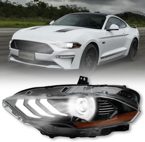Vista 10 de Conjunto de faros delanteros LED Mustang, faros delanteros estilo OEM con reflector ámbar, conjunto de faros compatibles con Ford Mustang 2015 2016