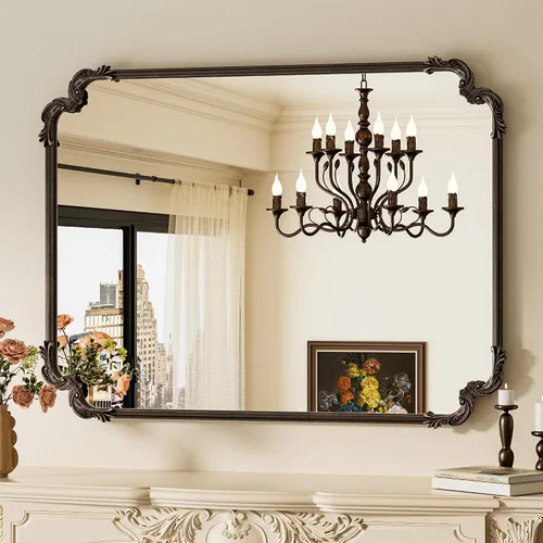 Vista 15 de Espejo rectangular negro barroco vintage para pared, 22 x 30 pulgadas, marco de desplazamiento antiguo, espejo de manto francés para chimenea, baño