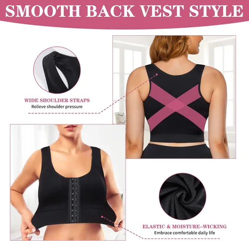 Vista 4 de MICOHPKLE Sujetador deportivo para mujer, sin mangas, sin mangas, con relleno, cierre frontal ajustable, brasier de compresión