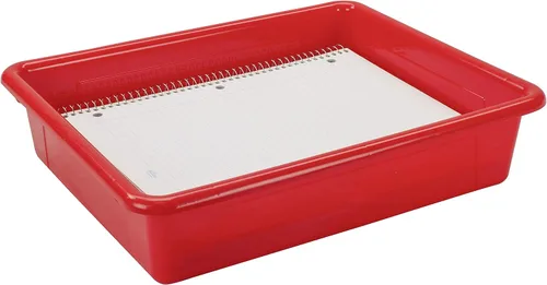 Vista 9 de Storex Bandeja de almacenamiento plana tamaño carta, contenedor organizador con tapa sin broches para aula, oficina y hogar, rojo, paquete de 5