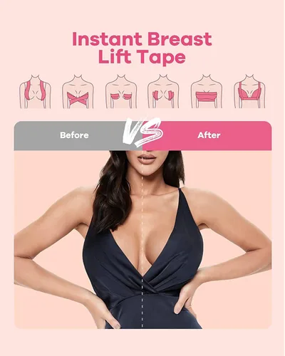 Vista 6 de FUZZY - Cinta adhesiva para levantamiento de senos, cinta de brasier, cinta corporal, cinta de pecho con 1 par de fundas de silicona suave