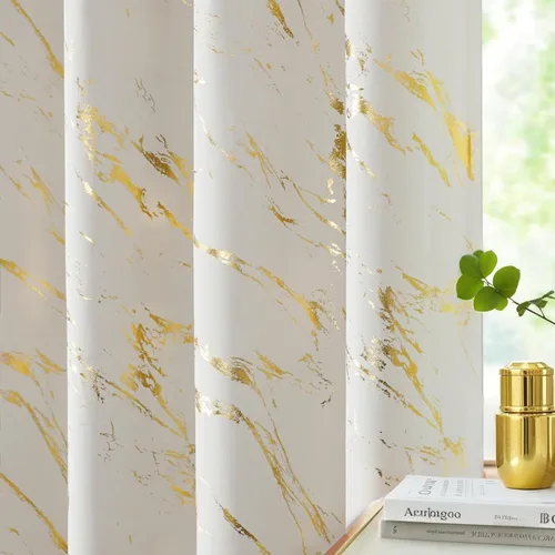 Vista 3 de WUBODTI Cortinas 100% Opacas de Mármol Beige de 63 Pulgadas de Largo 2 Paneles, Cortina Corta con Ojales de Impresión de Lámina Dorada Moderna