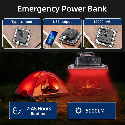 Vista 2 de Luz recargable para tienda de campaña con luz roja de 50 W, 5000 lúmenes, funciona con pilas, luces LED IPX5, impermeable, lámpara portátil
