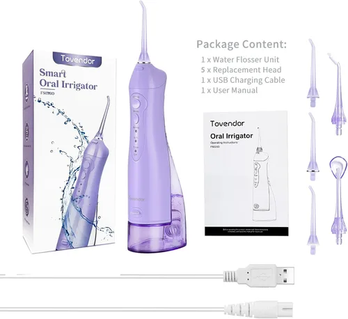 Vista 8 de TOVENDOR Irrigador de agua eléctrico, irrigador oral dental recargable inalámbrico IPX7, impermeable, 10.1 fl oz, limpiador de dientes de agua