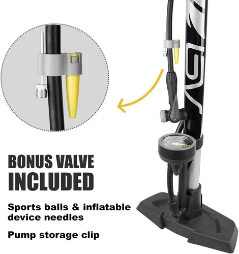 Vista 2 de BV Bomba de bicicleta duradera para bicicleta de 17/24 pulgadas, cabezal de válvula inteligente, 160 psi, reversible automáticamente Presta