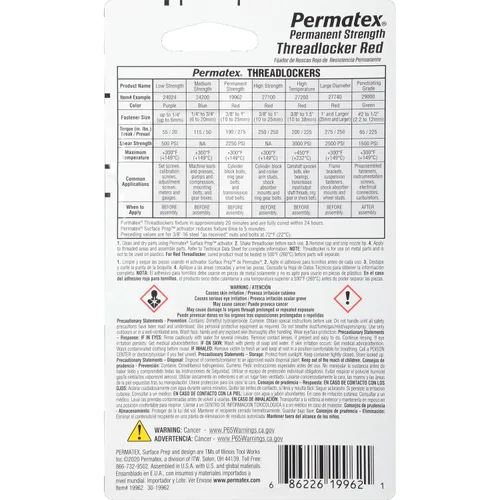Vista 2 de Permatex 19962 - Retenedor de roscas de fuerza permanente color rojo, tubo de 0.2 onzas líquidas
