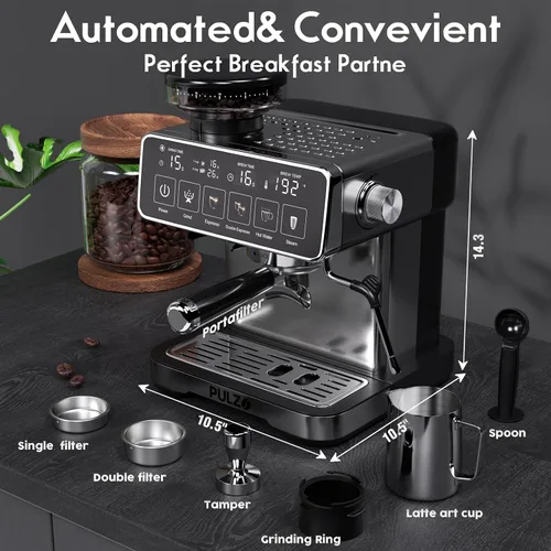 Vista 2 de PULZO Máquina de café expreso con molinillo, cafetera profesional de 20 bar