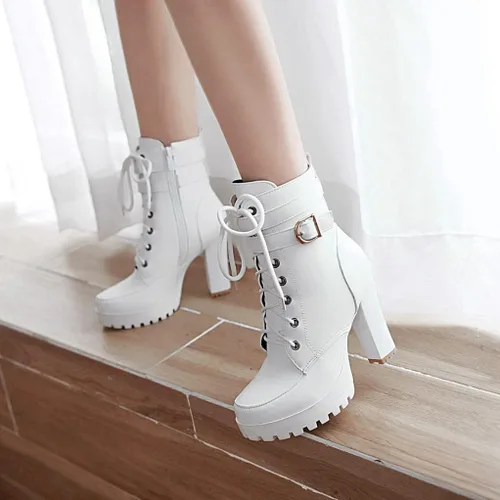 Vista 6 de MIOKE Botines elegantes con plataforma de punta redonda para mujer, con cordones, cierre de cremallera, tacón alto, botines cortos