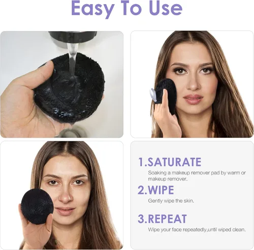 Vista 4 de SUNLAND Almohadillas desmaquillantes reutilizables para cara, ojos, labios, paquete de 6 unidades, color negro Guantes de limpieza facial