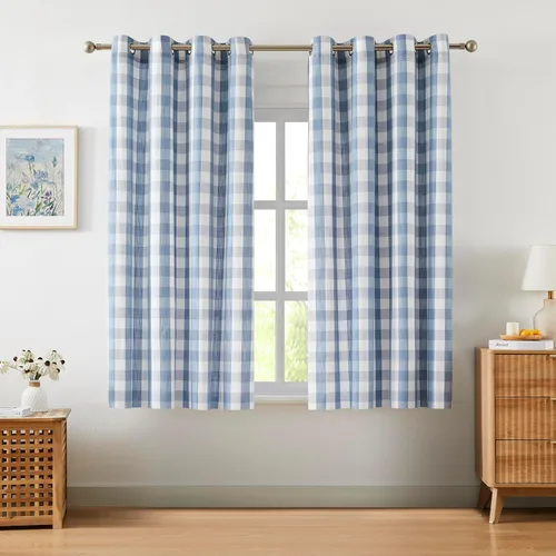 Vista 22 de Amzdecor Cortinas a cuadros con ojales de búfalo de 54 pulgadas de largo, cortinas texturizadas semitransparentes para sala de estar, dormitorio