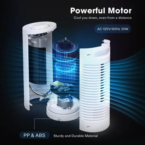 Vista 5 de VIVOSUN Ventilador de torre de 13 pulgadas, ventilador de escritorio sin aspas con 3 velocidades y oscilación de 70°, portátil y compacto