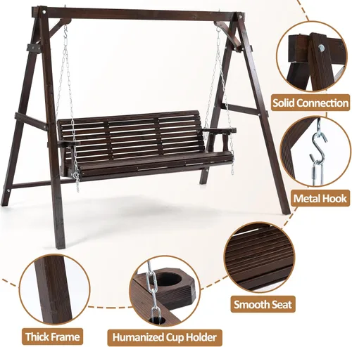 Vista 5 de Finnhomy Marco de Columpio de Porche de Madera Resistente de 880 Libras, Banco Silla de Columpio de Patio de Madera con Cadenas Colgantes, Soporte