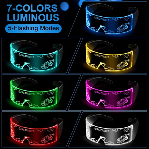 Vista 4 de 3 pares de gafas LED con visera de 7 colores LED futuristas cibernéticas y 5 modos recargables transparentes brillantes luminosas para niños adultos
