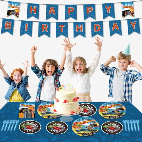 Vista 4 de 98 piezas de suministros de fiesta de cumpleaños de coches de carreras, platos y servilletas de papel rectangular de plástico mantel de carreras
