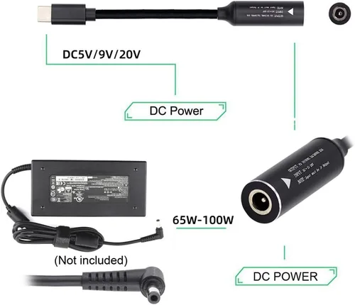 Vista 2 de DC Jack 0.098x0.028 in Entrada a USB-C Tipo-C Cable de carga de enchufe de alimentación para teléfono portátil PD9V 5V 20V