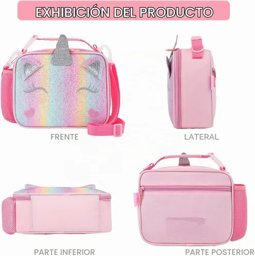 Vista 6 de Lonchera de unicornio para niñas con correas ajustables para el hombro, bonita lonchera aislada a prueba de fugas, con purpurina y brillo, bolsa