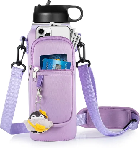 Vista 16 de RRegeny Soporte para botella de agua con correa para Hydroflask de 32 oz 40 onzas, bolsa de transporte con bolsillo para teléfono, funda para Negro
