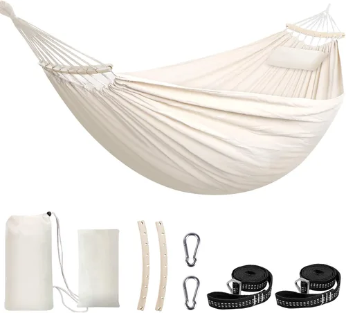 Vista 8 de Chihee - Hamaca de algodón grande y transpirable para acampar, con capacidad de hasta 660 libras, portátil, con barra separadora desmontable