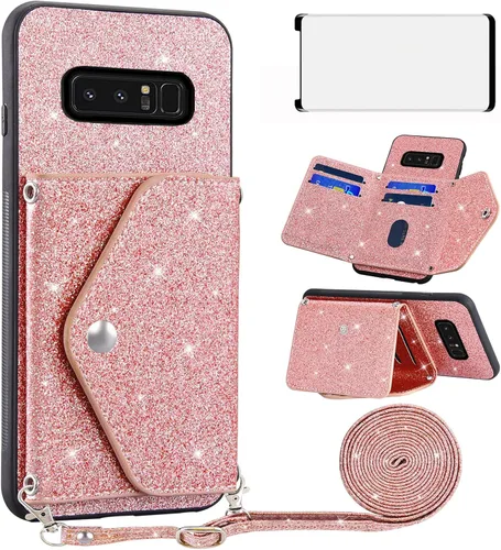 Vista 10 de Asuwish Funda de teléfono para Samsung Galaxy Note 8 con protector de pantalla de vidrio templado y correa cruzada, cordón para tarjeta de crédito