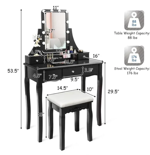 Vista 7 de LDAILY Juego de mesa de tocador con 10 luces LED, tocador de maquillaje con espejo cuadrado iluminado giratorio de 360°, taburete acolchado y 5