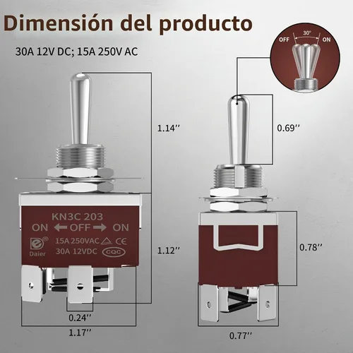 Vista 2 de DaierTek Interruptor de Polaridad Inversa con Enganche 12V 30A Interruptor de Palanca de 3 Posiciones Impermeable DPDT 4 Pines ON OFF ON Interruptor