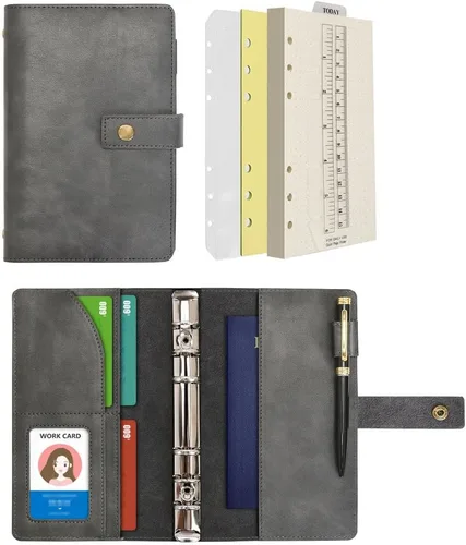 Vista 22 de WONDERPOOL Cuaderno de cuero recargable, cuaderno en espiral, carpeta de carpetas de diario A5 con puntos y bolsillos interiores para viajes, Marrón