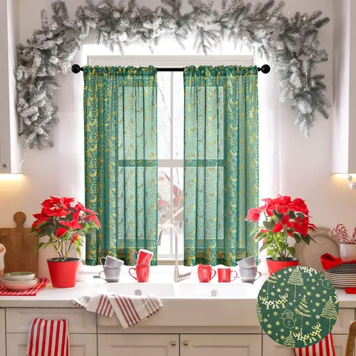 Vista 4 de XTMYI Cortinas verdes de cocina para ventanas sobre fregadero, cortinas cortas de Navidad para sala de estar, juegos de 2 paneles, 45 pulgadas