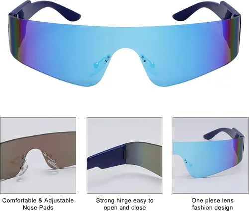 Vista 3 de Crazy Feng Gafas de sol envolventes futuristas sin montura para mujeres y hombres, Cyberpunk Visera, lentes de sol a la moda