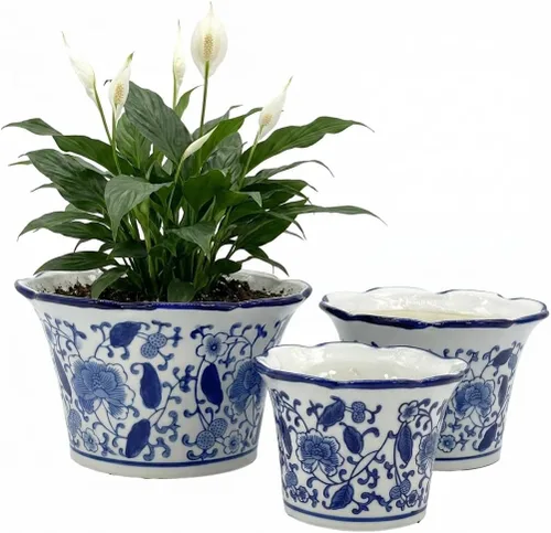 Vista 3 de Galt International Maceta decorativa de cerámica de porcelana floral azul y blanca de 8 pulgadas, 6 pulgadas/4.5 pulgadas, diseño chino asiático
