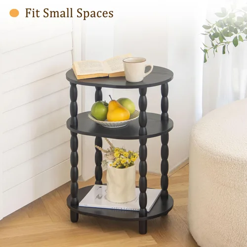 Vista 4 de MaxSmeo Mesa auxiliar negra, mesa auxiliar ovalada pequeña de 3 niveles, mesita de noche moderna, mesa decorativa de madera para sala de estar, Negro