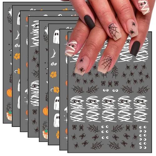 Vista 15 de 8 hojas de calcomanías de uñas de Halloween con diseños de fantasmas lindos, calabaza, araña, telaraña, sangre, llama 3D, autoadhesivas, Otoño