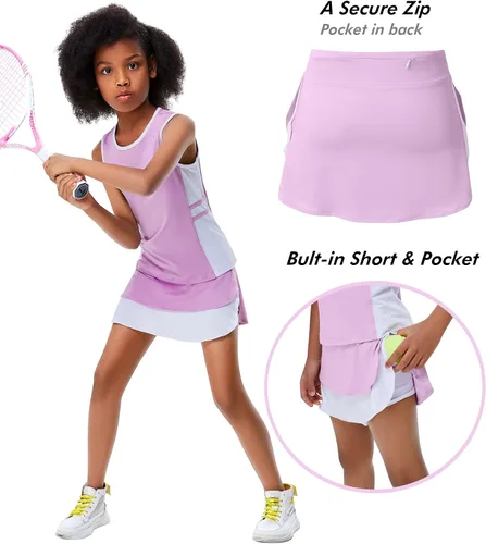 Vista 2 de Traje de golf y tenis para niños y niñas, vestido sin mangas, camiseta sin mangas, pantalones deportivos, con bolsillos cortos, 3-12 años