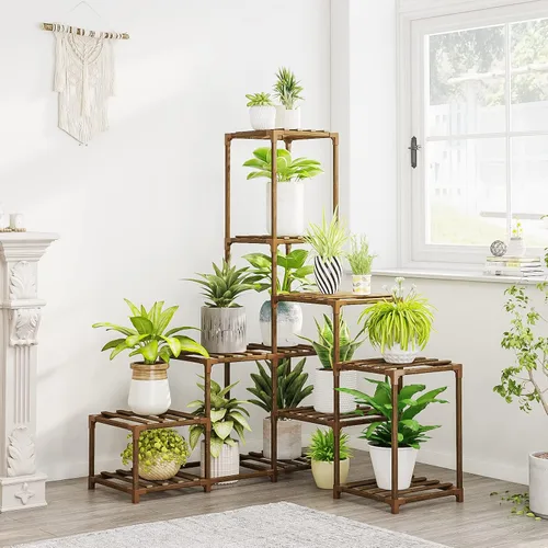 Vista 7 de Bamworld - Soporte para plantas con ruedas de madera para interior y exterior, estante para múltiples plantas con 11 macetas, soporte alto y grande