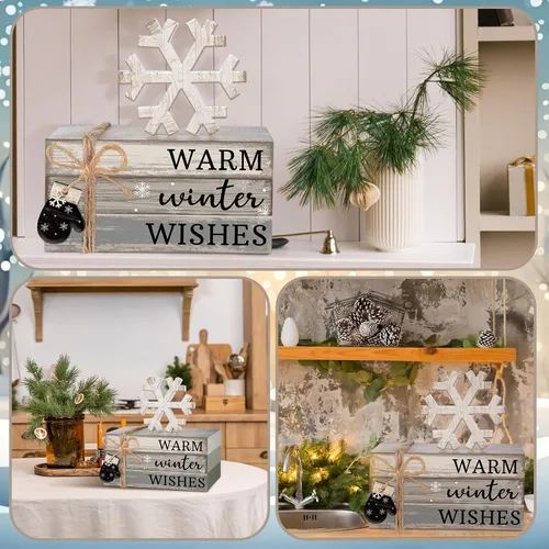 Vista 5 de 4 piezas de decoración de mesa de invierno con copos de nieve, decoración de bandeja escalonada de deseos cálidos, decoración de centro de mesa
