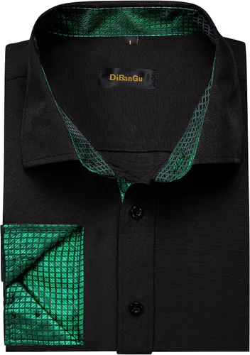 Vista 4 de DiBanGu Camisas de vestir negras para hombre, camisas de manga larga con botones, ajuste regular, contraste interior, camisa formal de algodón S-3XL
