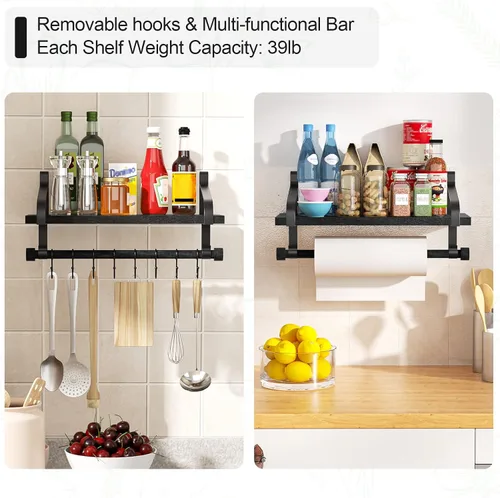 Vista 5 de Love-KANKEI Estantes flotantes para barra de café, estantes de baño con toallero, estantes de pared con 8 ganchos para cocina, juego de 2 estantes