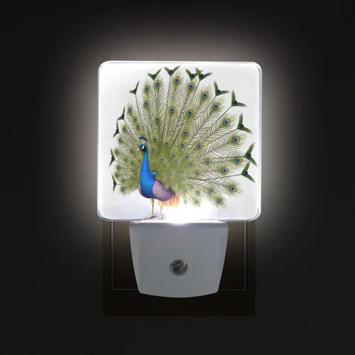 Vista 3 de Lámpara LED de luz nocturna enchufable con impresión de pavo real azul con sensor de atardecer a amanecer para dormitorio, baño, pasillo, escaleras