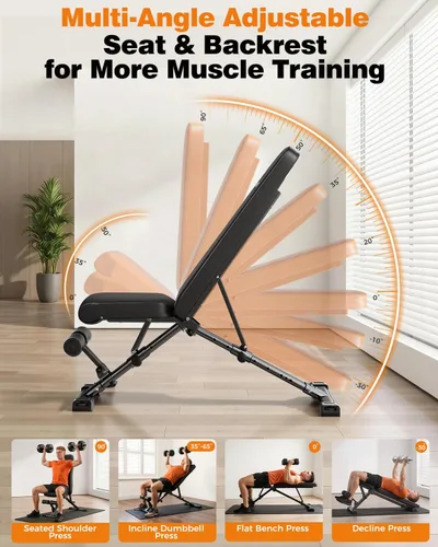 Vista 9 de AIRHOP Foldable Workout Bench, 90° to -30° FID Weight Bench for Home Gym Backrest, Seat, Leg Bar Adjustable, MAX 1000 LBS, 8-Pos Backrest, 3-Pos
