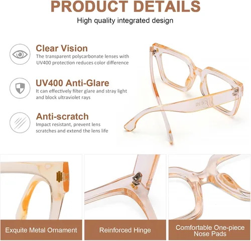 Vista 3 de AQWANO Oversized Square Reading Glasses Women, Blue Light Blocking Computer Glasses, 3-Pack Fashion Large Frame Readers