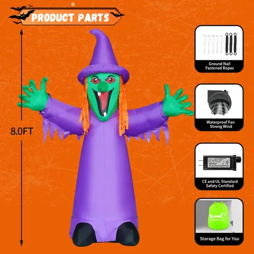 Vista 6 de Inflables de Halloween de 8 pies, decoración de patio de bruja agitable morada con LED LED integrados y diseño de bruja púrpura tembloroso