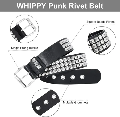 Vista 3 de WHIPPY Mujeres Hombres Remache Cinturón Pyramid Square Bead PU Cuero Punk Rock Ojal Cinturón para Jeans